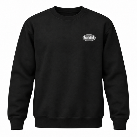 ScaffeD-uP black crew-neck sweatshirt mock-up showing the oval logo on the wearer’s left chest.