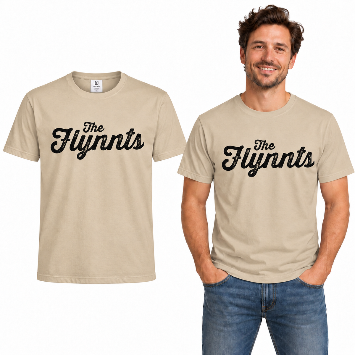 The Flynnts Cotton T-Shirt - Uneek UC301 in Beige – The Flynnts logo mockup