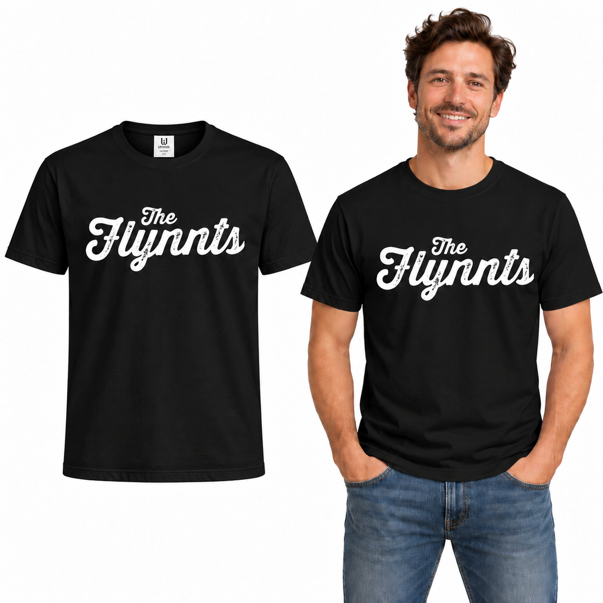 The Flynnts Cotton T-Shirt - Uneek UC301 in Black – The Flynnts logo mockup
