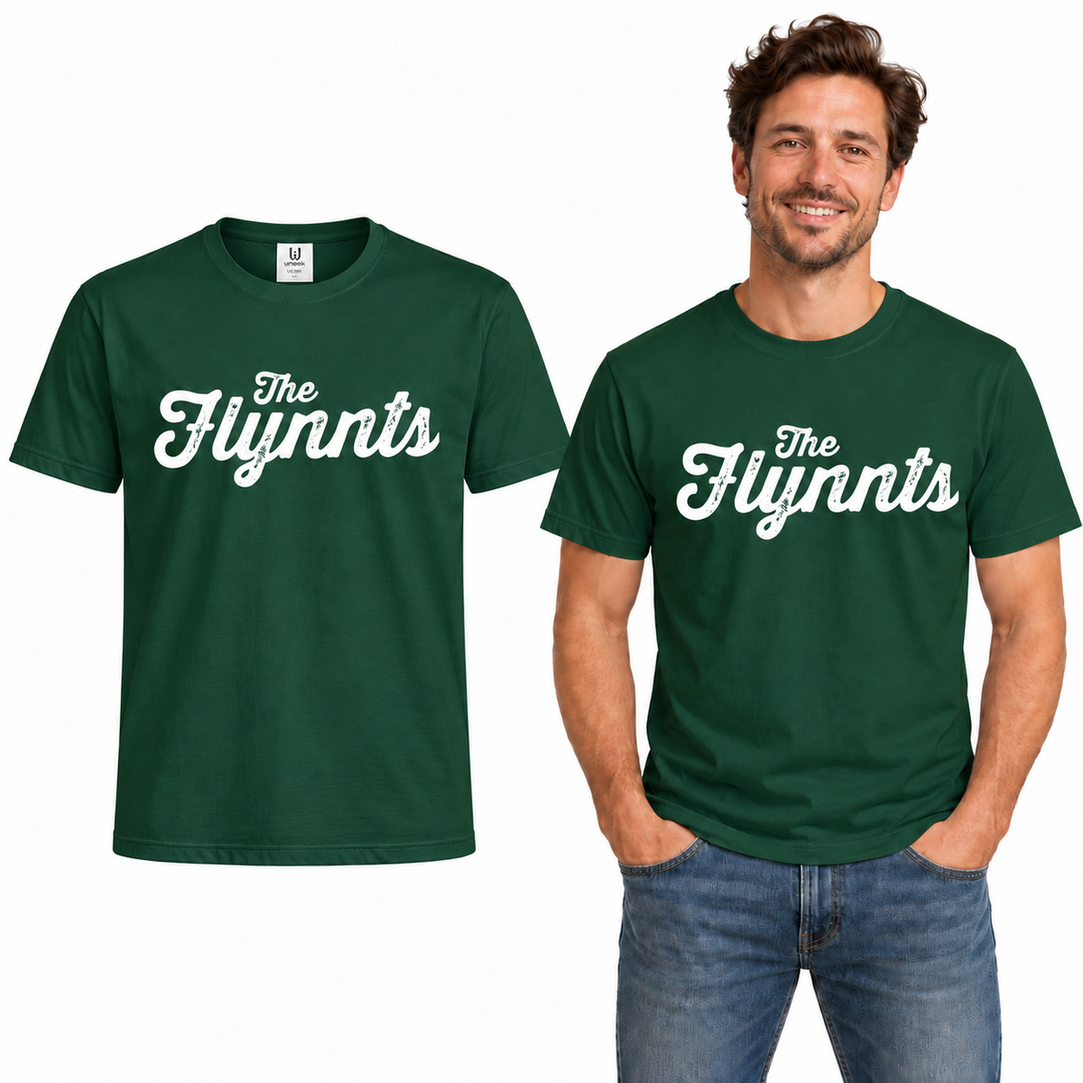 The Flynnts Cotton T-Shirt - Uneek UC301 in Bottle Green – The Flynnts logo mockup