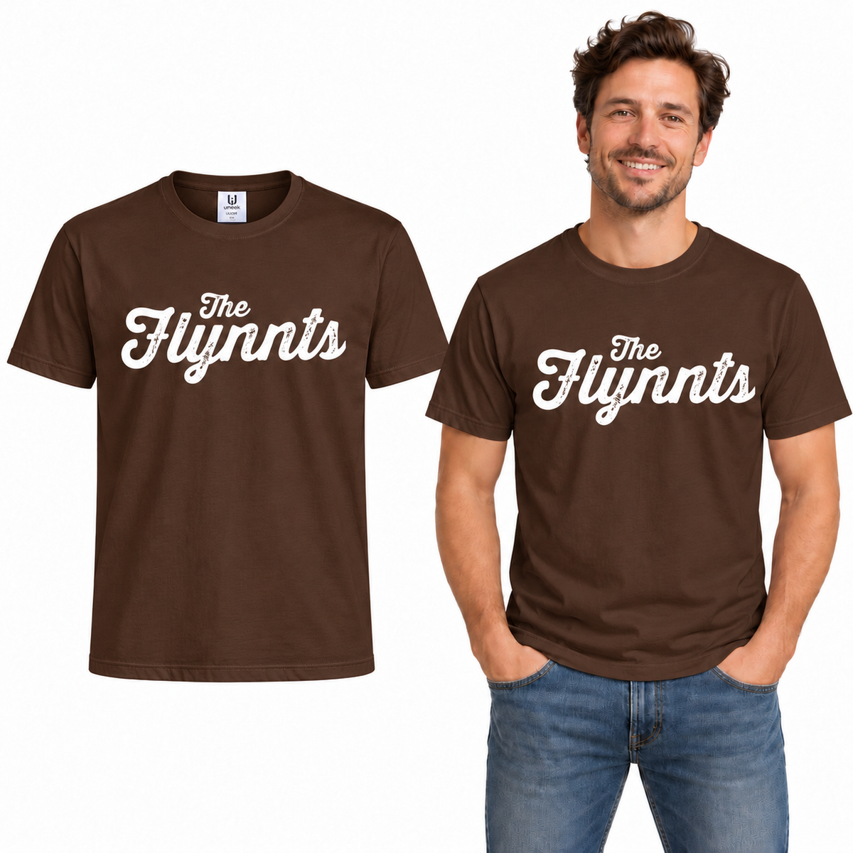 The Flynnts Cotton T-Shirt - Uneek UC301 in Brown – The Flynnts logo mockup