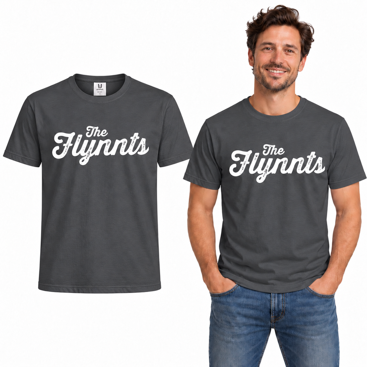 The Flynnts Cotton T-Shirt - Uneek UC301 in Charcoal – The Flynnts logo mockup