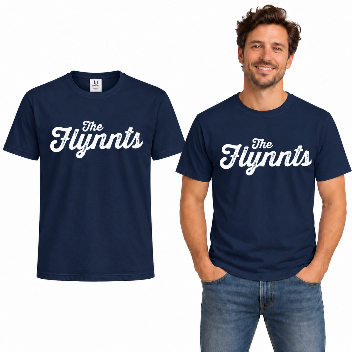 The Flynnts Cotton T-Shirt - Uneek UC301 in French Navy – The Flynnts logo mockup