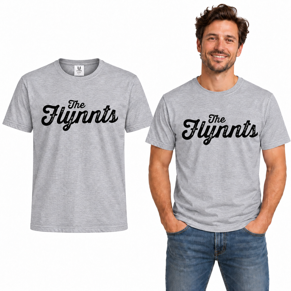 The Flynnts Cotton T-Shirt - Uneek UC301 in Heather Grey – The Flynnts logo mockup