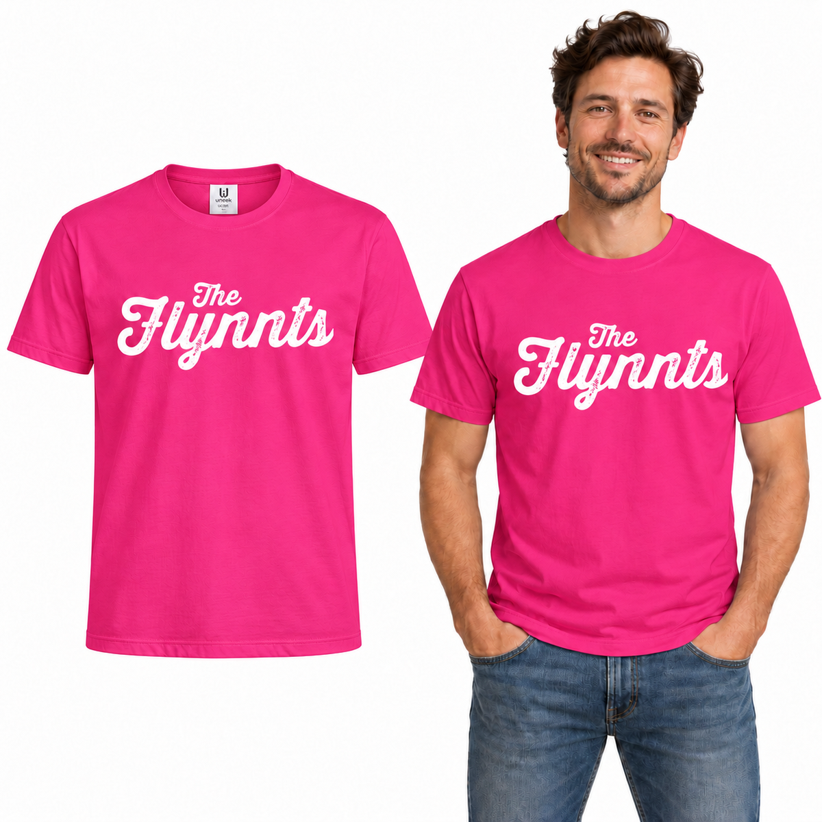The Flynnts Cotton T-Shirt - Uneek UC301 in Hot Pink – The Flynnts logo mockup