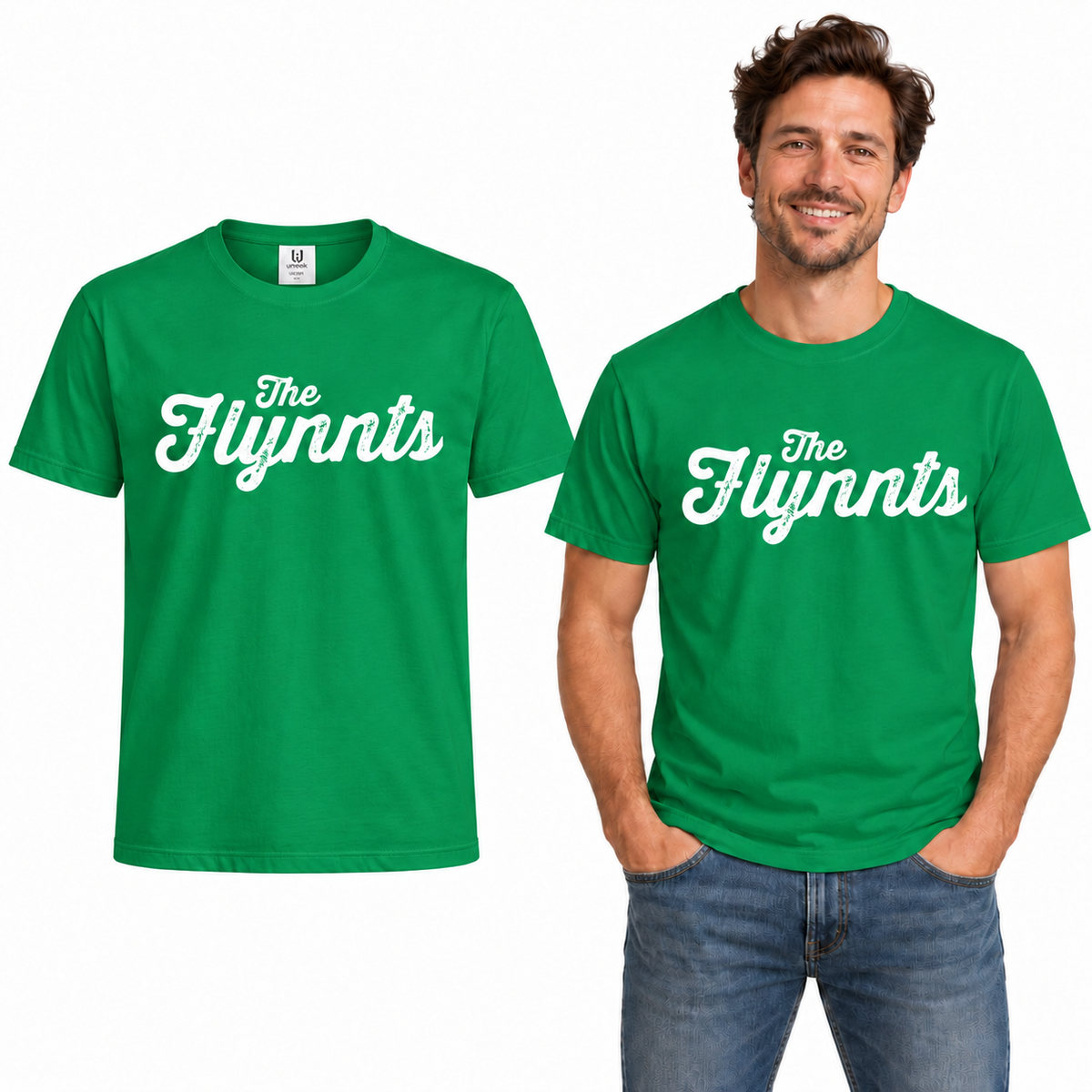 The Flynnts Cotton T-Shirt - Uneek UC301 in Kelly Green – The Flynnts logo mockup