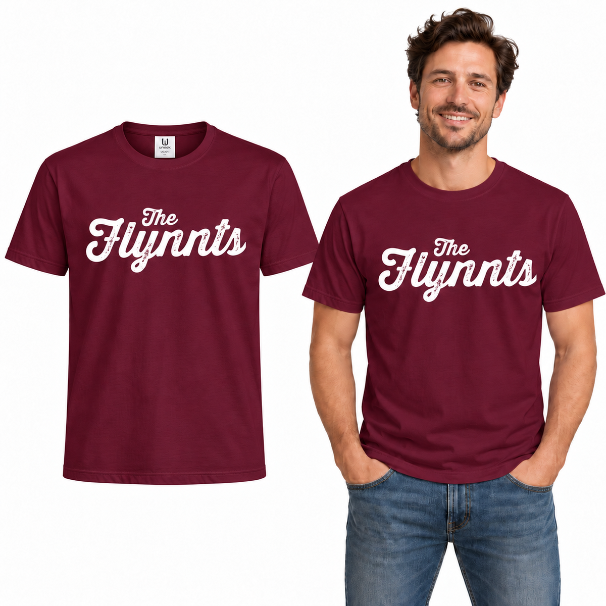 The Flynnts Cotton T-Shirt - Uneek UC301 in Maroon – The Flynnts logo mockup