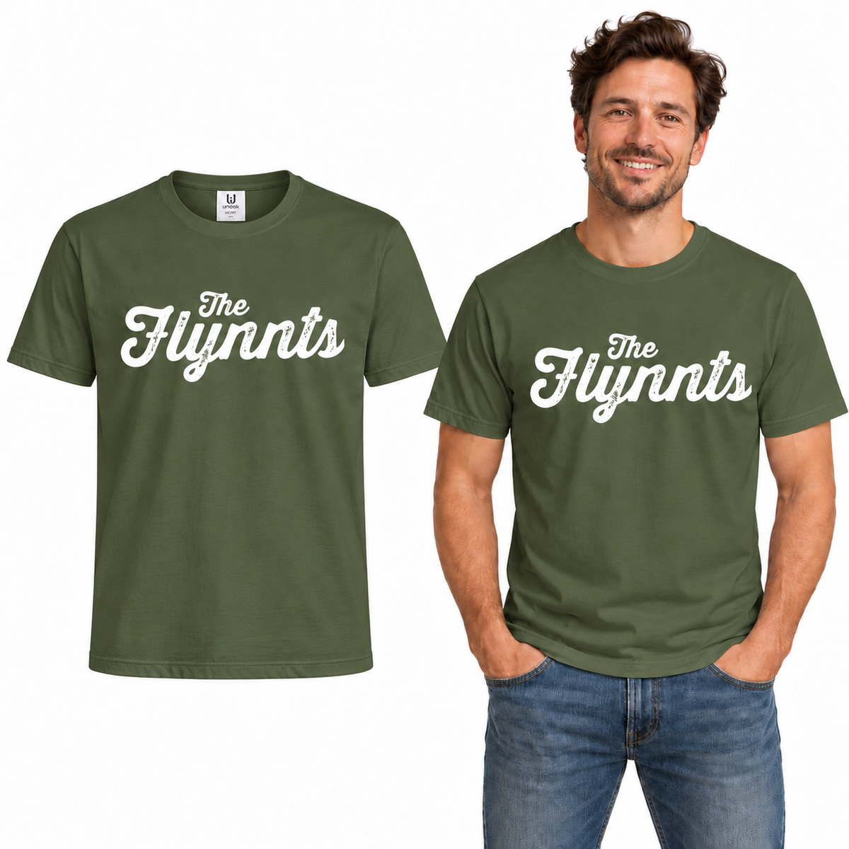 The Flynnts Cotton T-Shirt - Uneek UC301 in Military Green – The Flynnts logo mockup