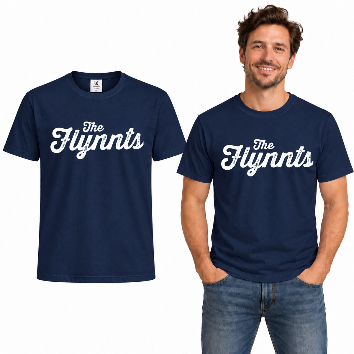 The Flynnts Cotton T-Shirt - Uneek UC301 in Navy – The Flynnts logo mockup