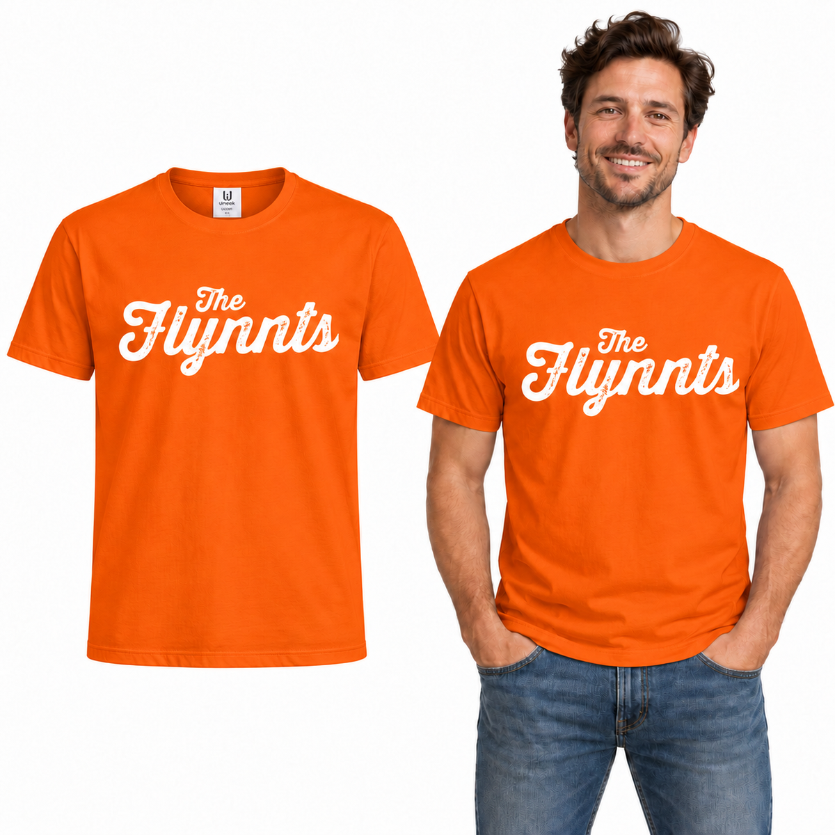 The Flynnts Cotton T-Shirt - Uneek UC301 in Orange – The Flynnts logo mockup