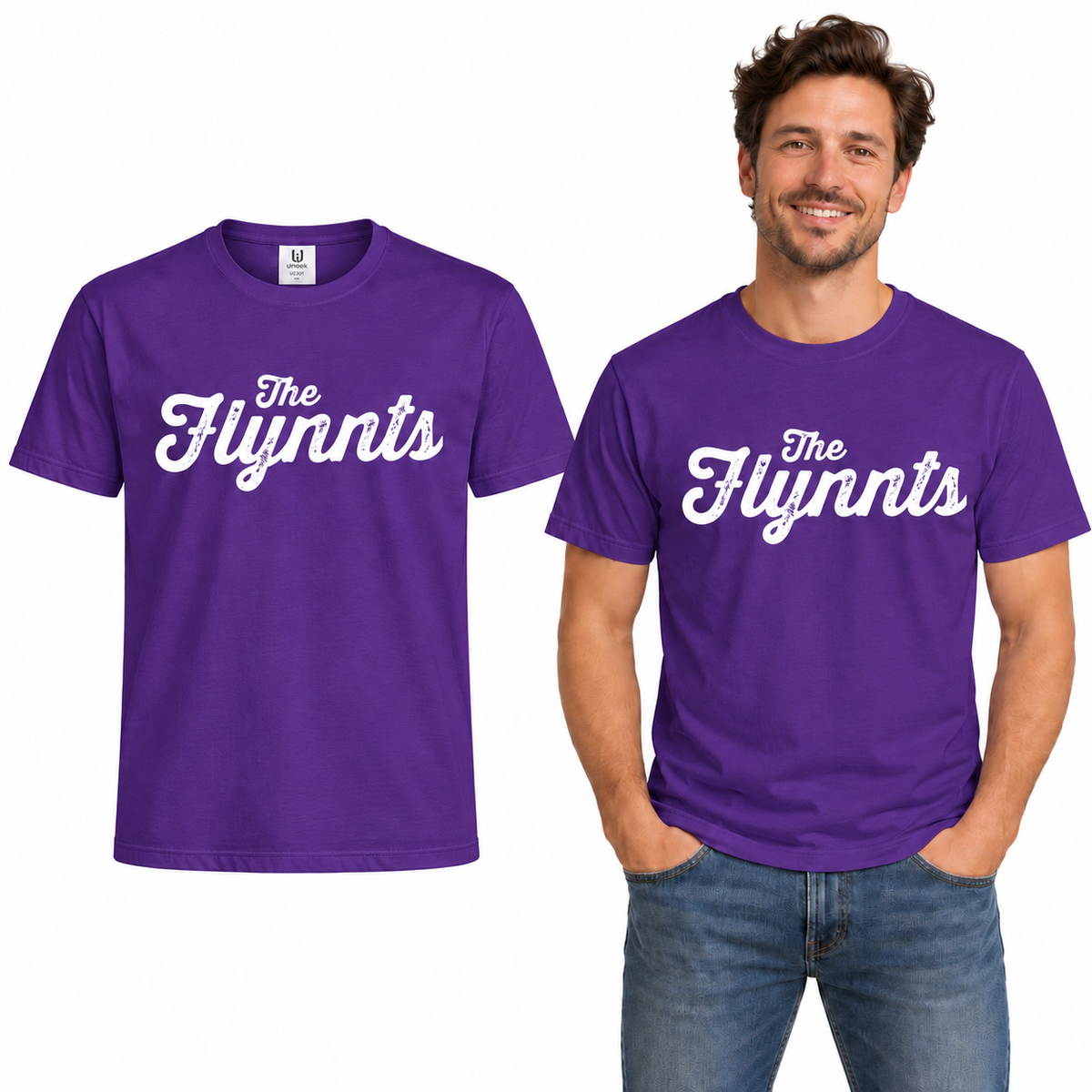 The Flynnts Cotton T-Shirt - Uneek UC301 in Purple – The Flynnts logo mockup