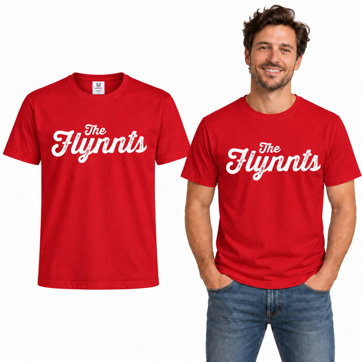 The Flynnts Cotton T-Shirt - Uneek UC301 in Red – The Flynnts logo mockup