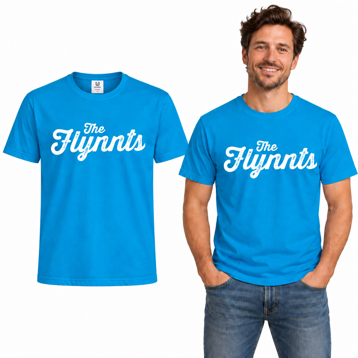 The Flynnts Cotton T-Shirt - Uneek UC301 in Sapphire Blue – The Flynnts logo mockup