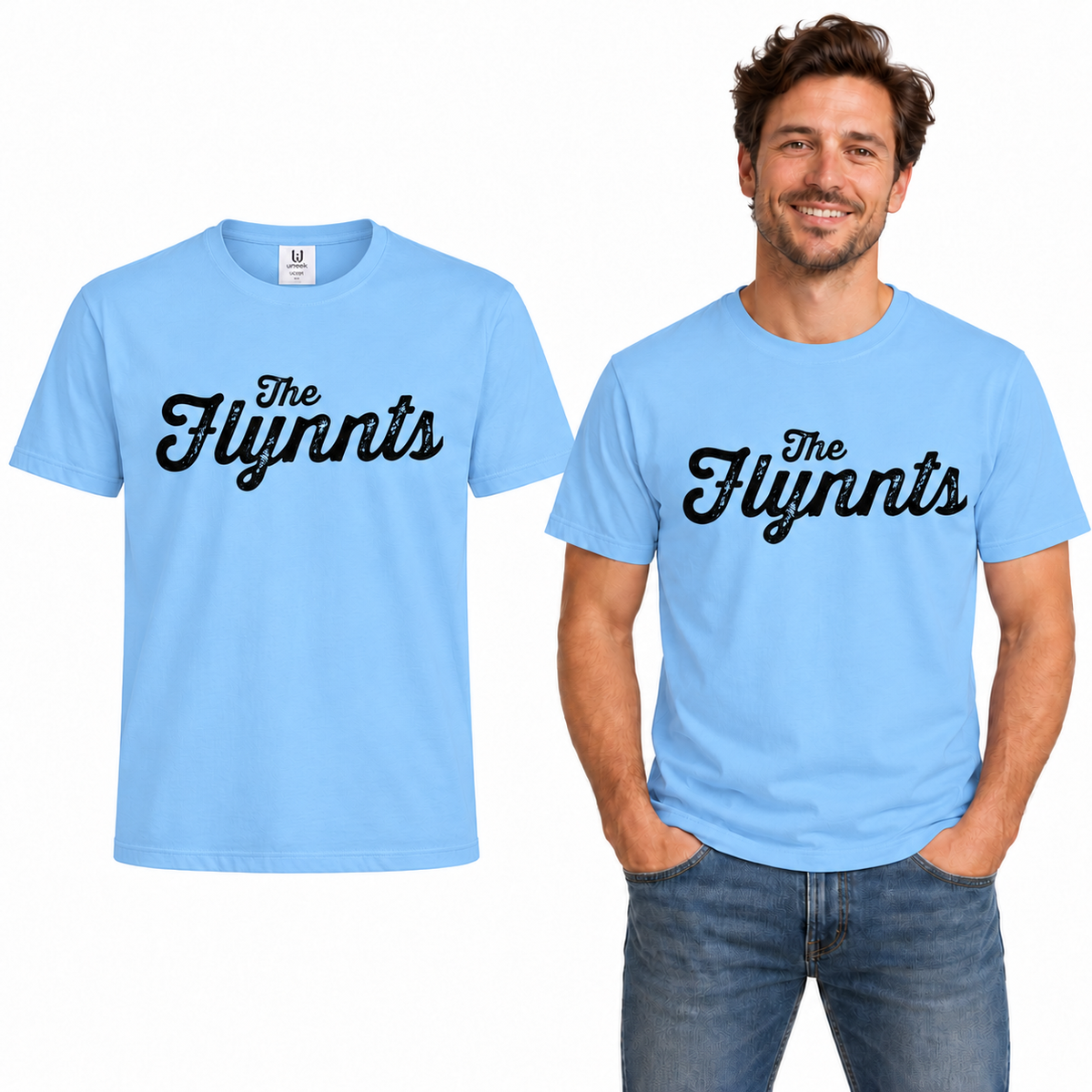 The Flynnts Cotton T-Shirt - Uneek UC301 in Sky – The Flynnts logo mockup