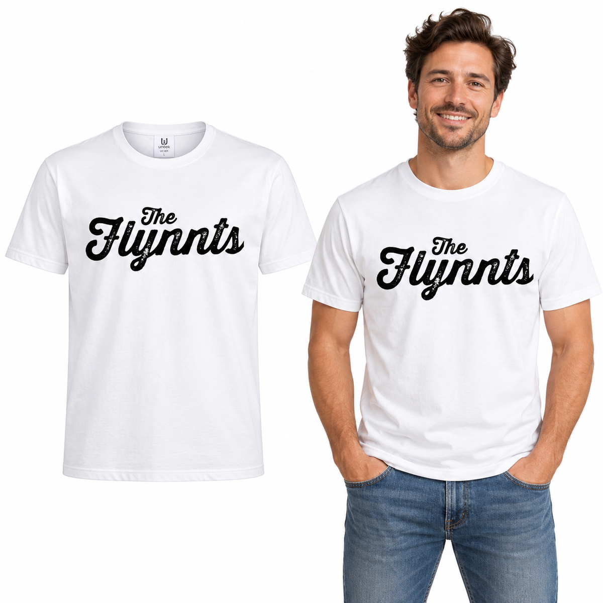 The Flynnts Cotton T-Shirt - Uneek UC301 in White – The Flynnts logo mockup