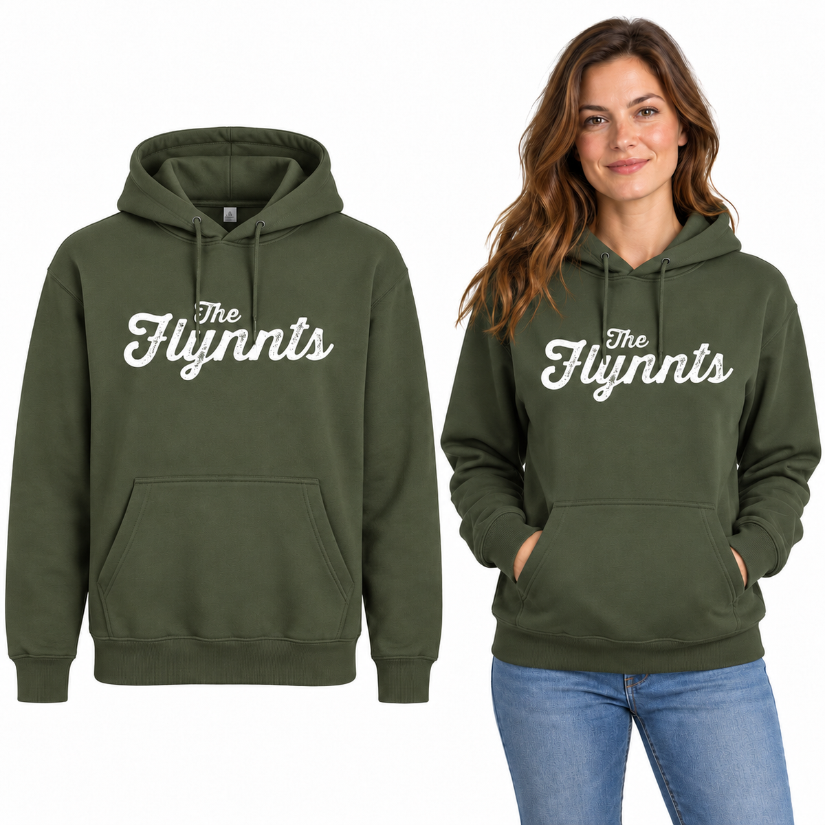 The Flynnts Classic Hoodie - Uneek UC502 in Military Green – The Flynnts logo mockup