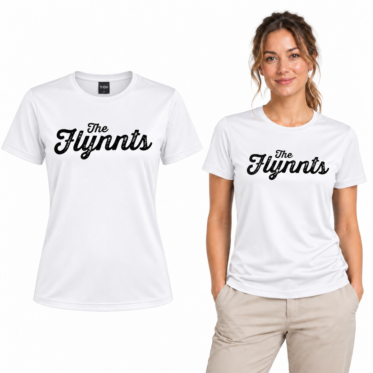 The Flynnts Tech T-Shirt - TriDri in White – The Flynnts logo mockup