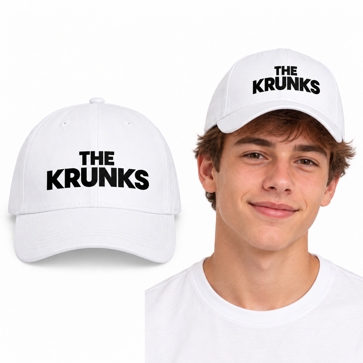 THE KRUNKS Baseball Cap - Uneek UC432 in White - THE KRUNKS artwork garment and model mockup