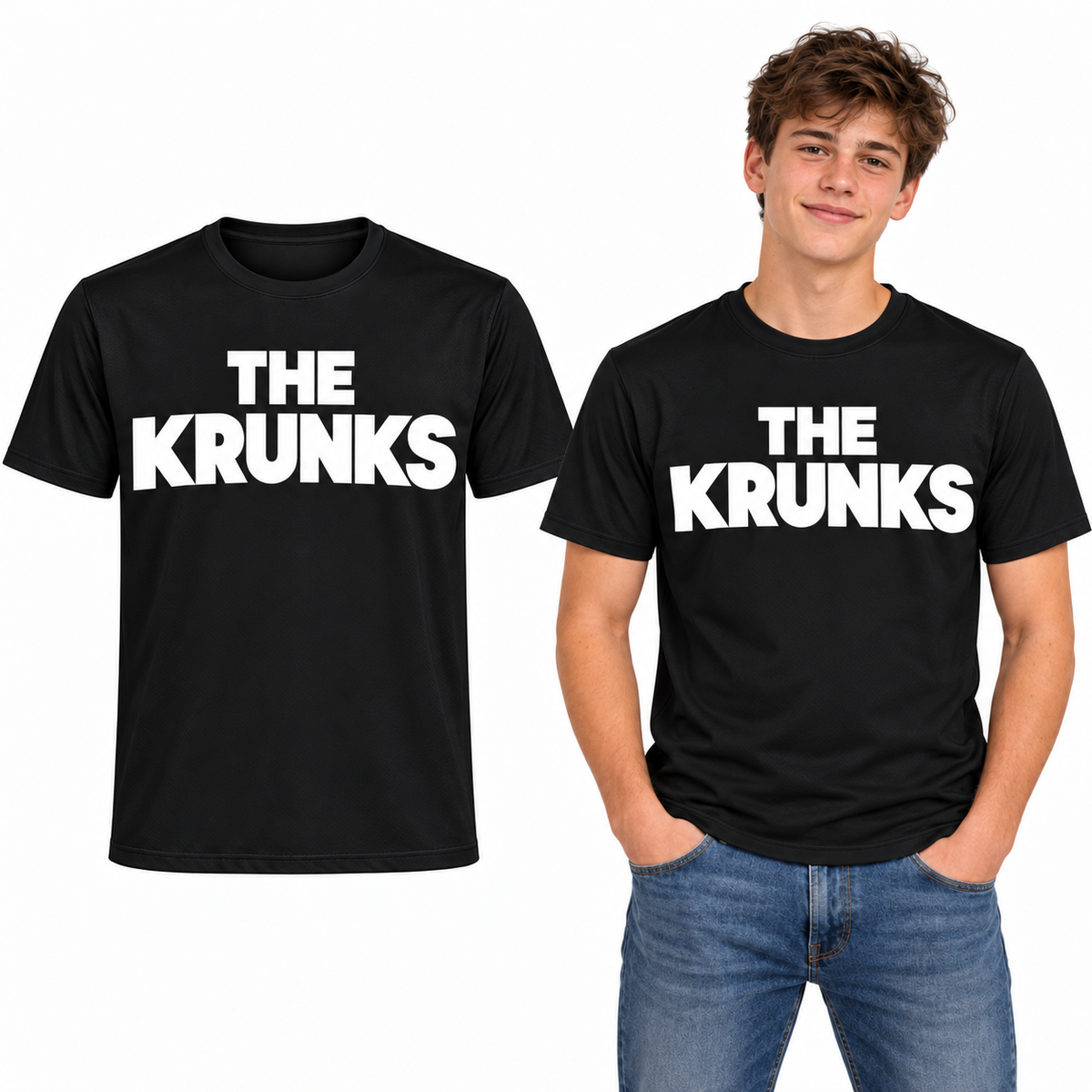 THE KRUNKS Tech T-Shirt - TriDri in Black - THE KRUNKS artwork garment and model mockup