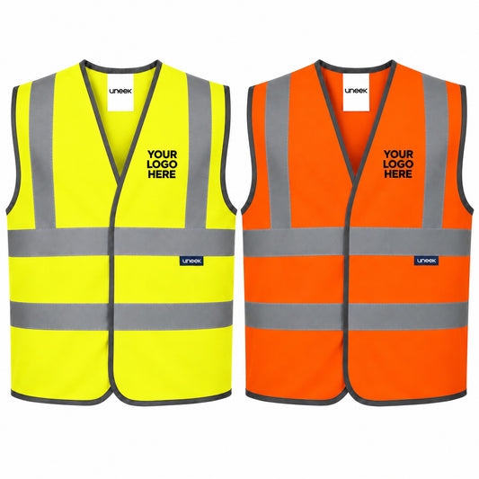 Yellow and orange Uneek UC801 safety waistcoat with Your Logo Here on the left chest. Personalised workwear mockup.