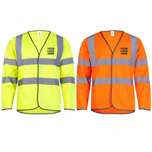 Yellow and orange Uneek UC802 long-sleeve waistcoat with Your Logo Here on the left chest. Personalised workwear mockup.
