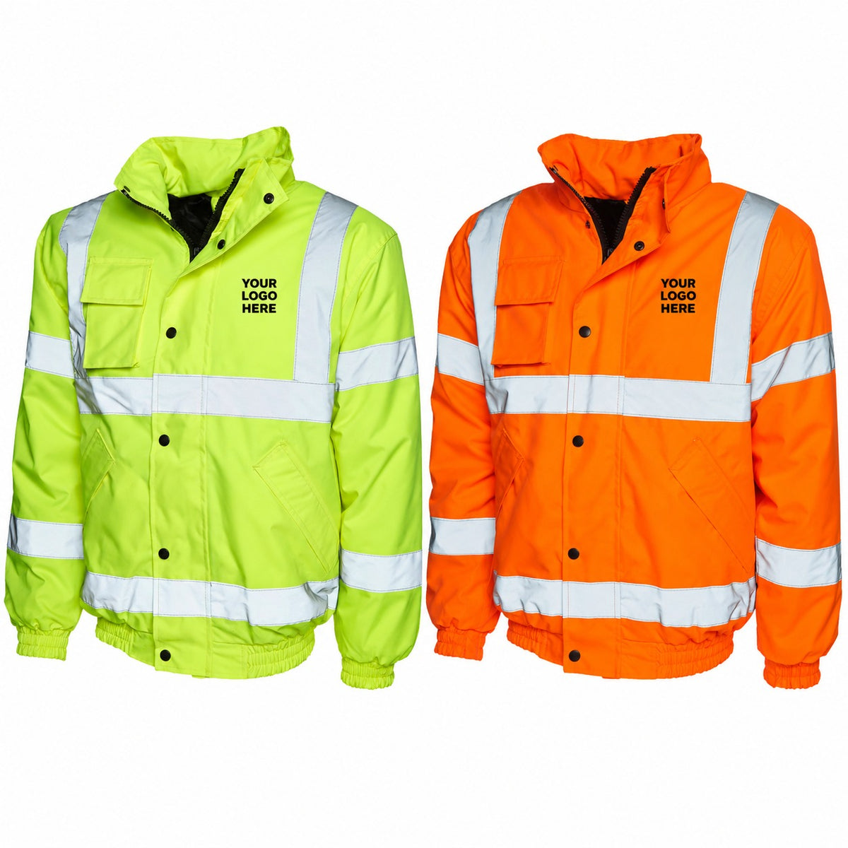 Yellow and orange Uneek UC804 bomber jacket with Your Logo Here on the left chest. Personalised workwear mockup.