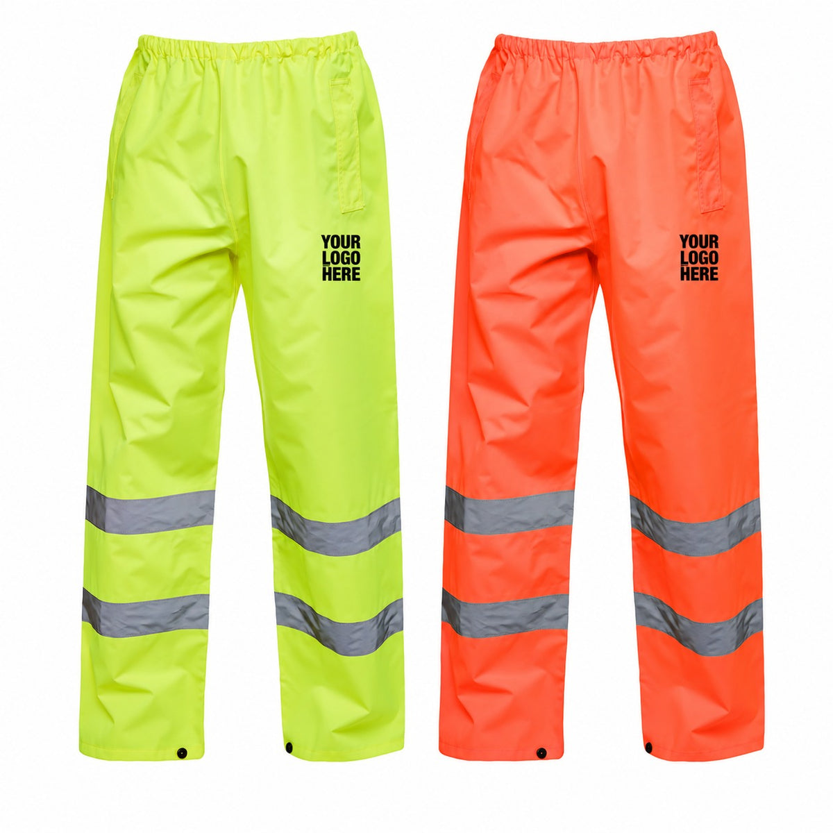 Yellow and orange Uneek UC807 overtrousers with Your Logo Here on the upper thigh. Personalised workwear mockup.