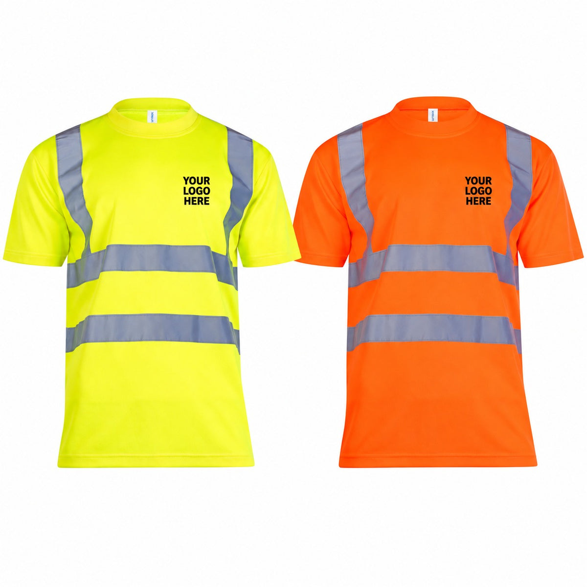 Yellow and orange Uneek UC810 t-shirt with Your Logo Here on the left chest. Personalised workwear mockup.