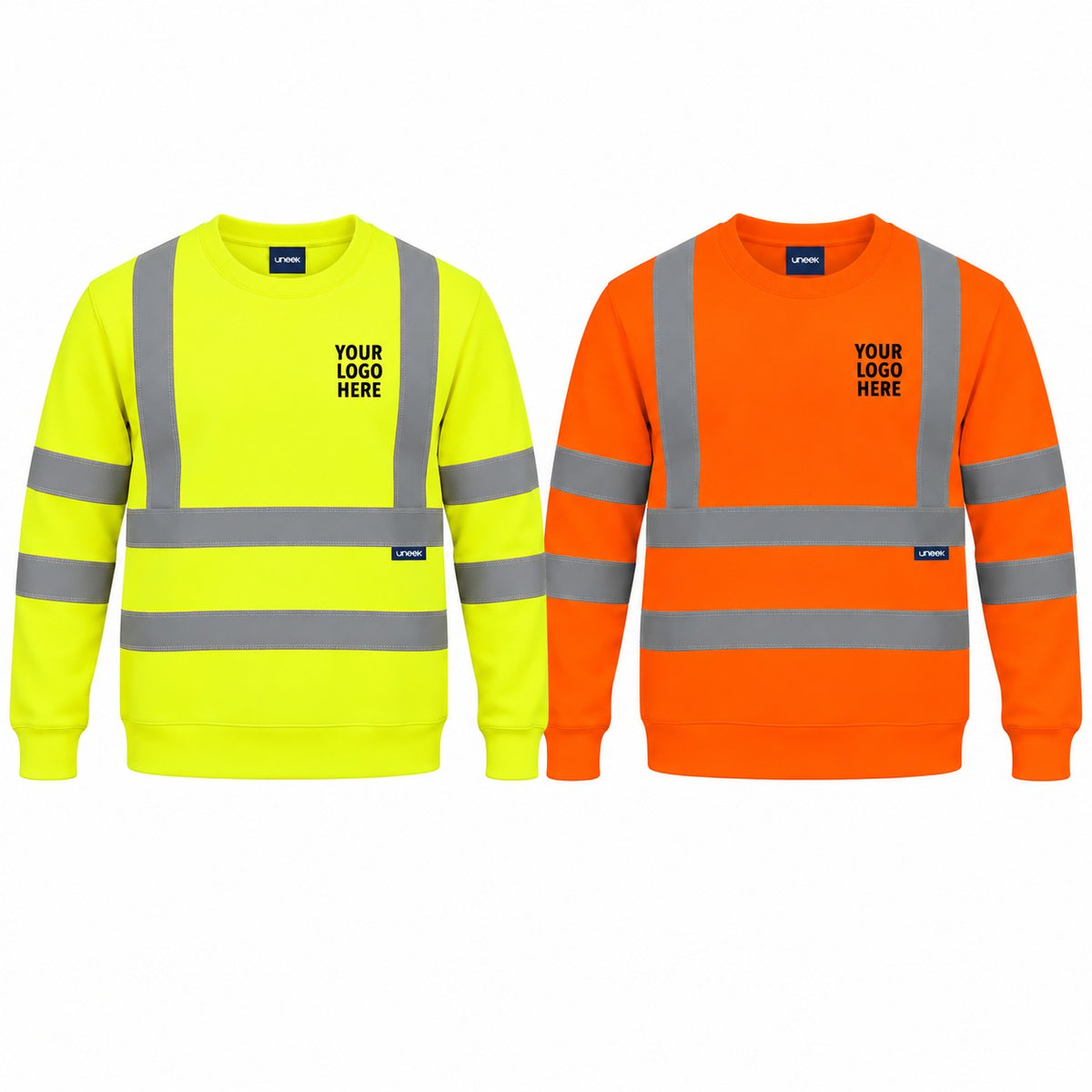 Yellow and orange Uneek UC813 sweatshirt with Your Logo Here on the left chest. Personalised workwear mockup.